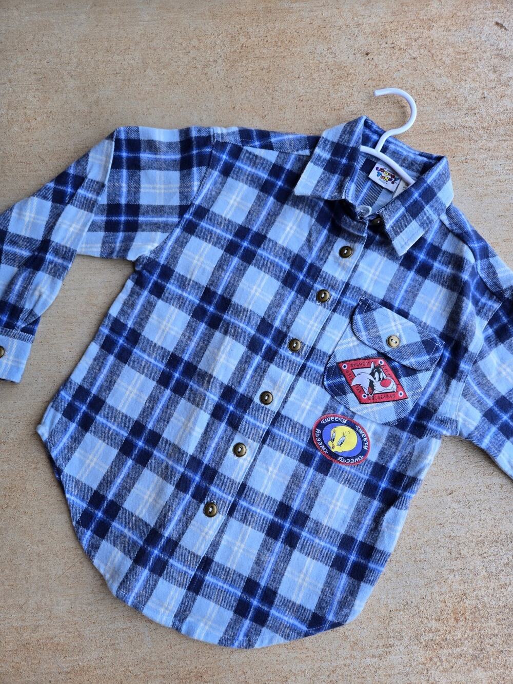 Vintage 1996 Looney Tunes Boys 7 Blue Plaid Tweety Sylvester Flannel Button-Up